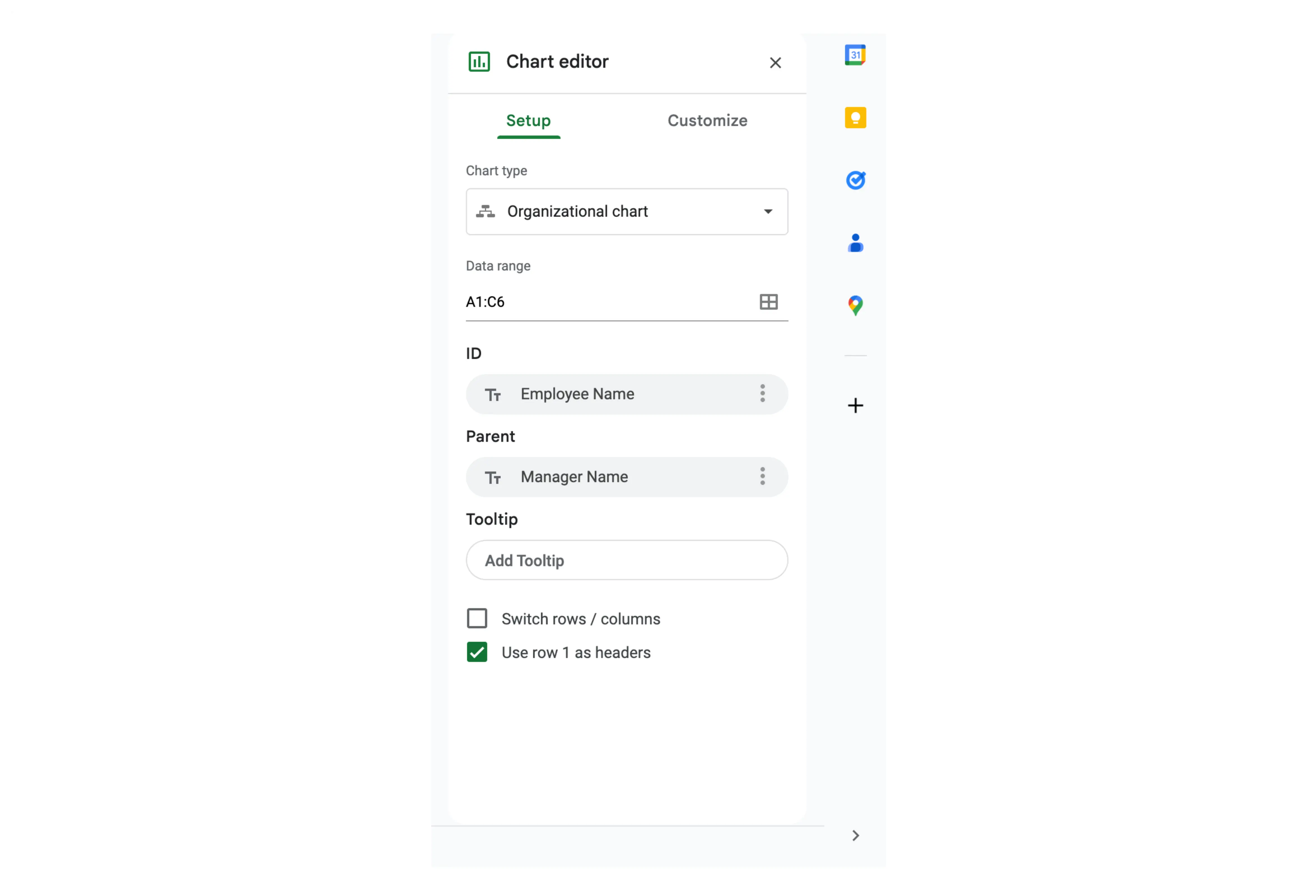 Use row 1 as headers - how to make an org chart in google sheets