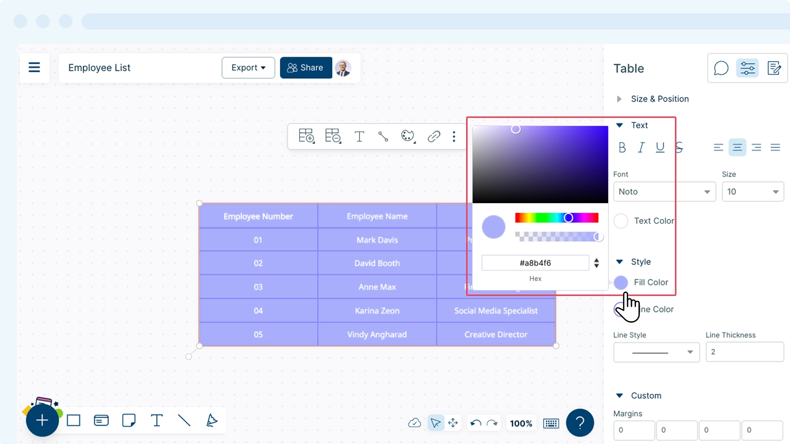 Add Color to Table Using Shapes Properties