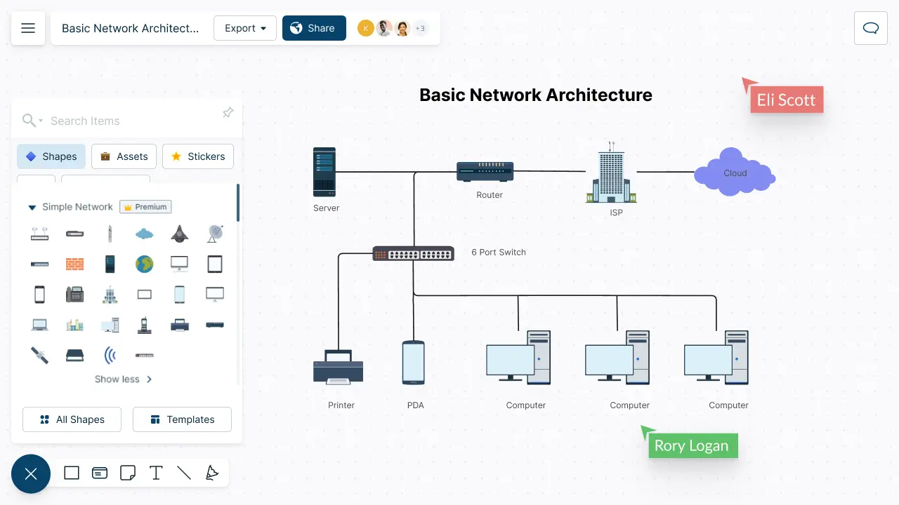 Snapshot of Creately's Network Diagram Software depicting Network Diagram